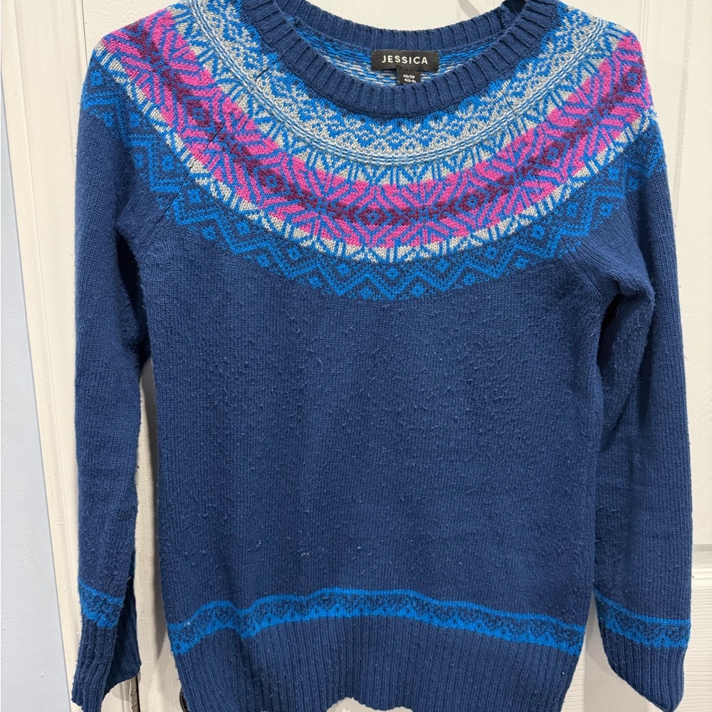 Jessica Blue and Pink Fair Isle Winter Knit Sweater - Picture 4 of 5